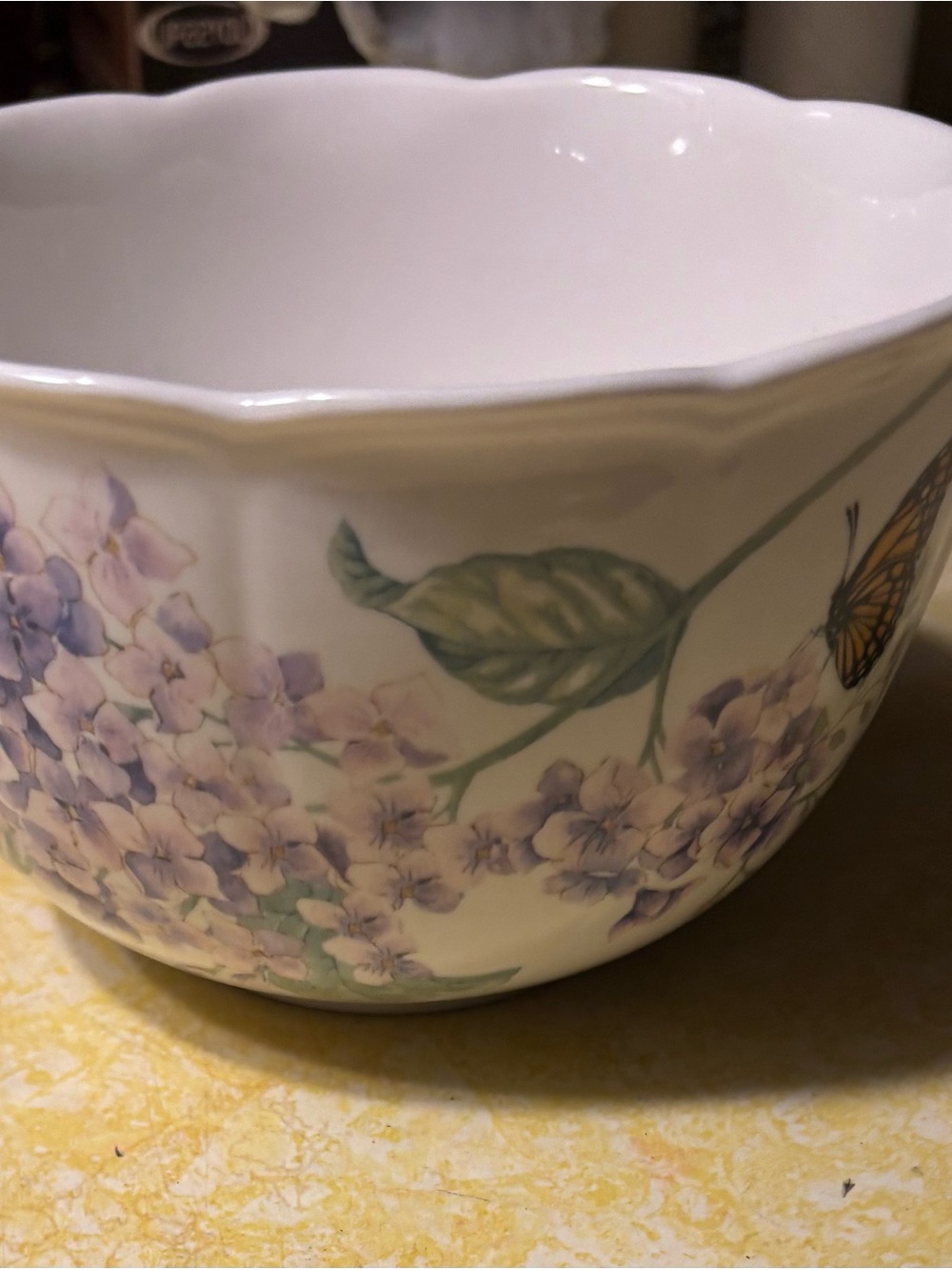 Lenox White Ceramic Serving Bowl with Lavender Hydrangea and Gold Trim